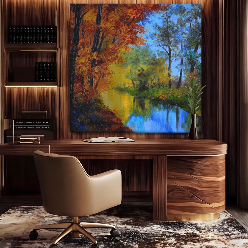Tablou canvas cu pictura in ulei cu padure toamna si lac, fara rama, pe sasiu de lemn, pe perete intr-un birou